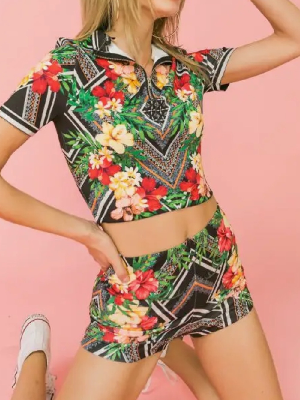 Flying Tomato Black Tropical Floral Zip Polo Crop Top & Short